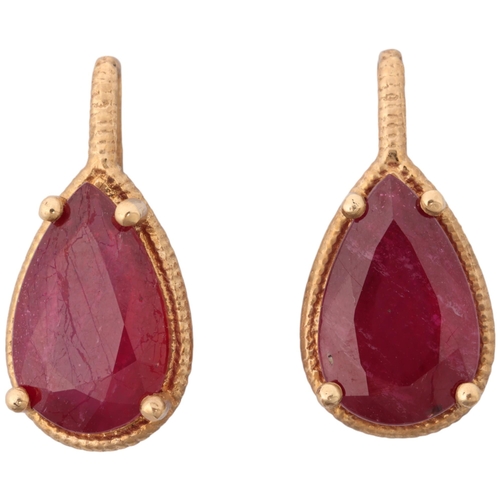 1227 - A pair of 9ct gold ruby earrings, each set with 5ct pear-cut ruby, with stud fittings, 21.9mm, 5.2g