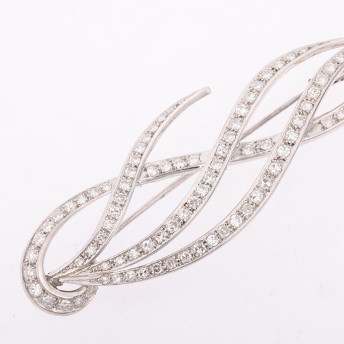 1229 - A large Art Deco style diamond feather brooch, millegrain set with eight-cut diamonds, total diamond... 