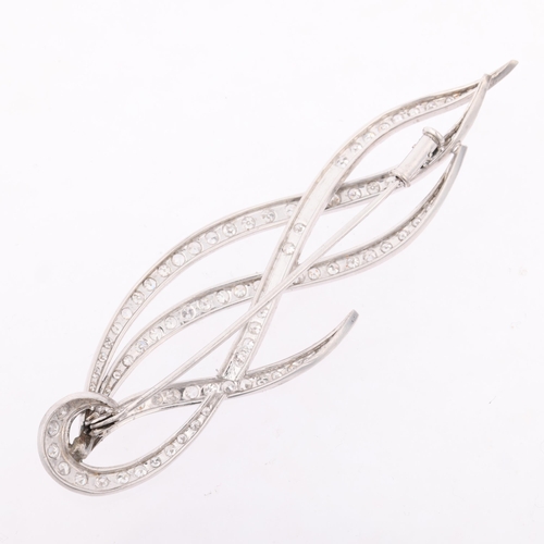 1229 - A large Art Deco style diamond feather brooch, millegrain set with eight-cut diamonds, total diamond... 