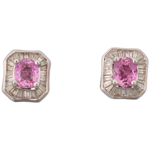 1230 - A pair of 18ct white gold pink sapphire and diamond cluster earrings, maker HM Ltd, London 2005, cla... 