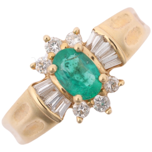 1232 - A Continental 14ct emerald and diamond flowerhead cluster ring, set with oval mixed-cut emerald with... 