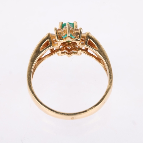 1232 - A Continental 14ct emerald and diamond flowerhead cluster ring, set with oval mixed-cut emerald with... 