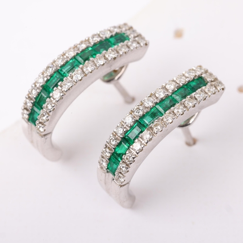 1233 - MASSIMO RAITERI - a pair of 18ct white gold emerald and diamond half hoop earrings, with stud fittin... 