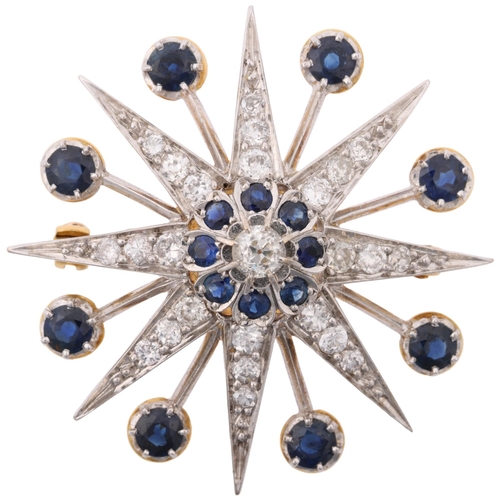 1235 - A large modern sapphire and diamond 8-ray starburst brooch, in the Victorian style, set with round-c... 