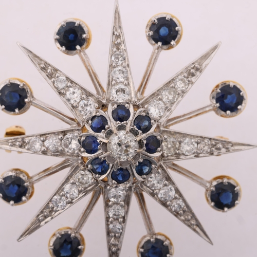 1235 - A large modern sapphire and diamond 8-ray starburst brooch, in the Victorian style, set with round-c... 