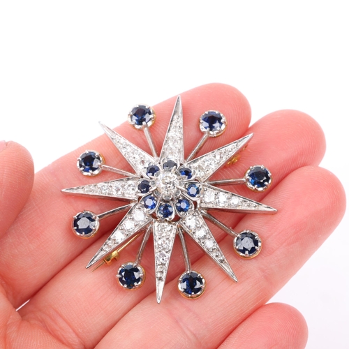 1235 - A large modern sapphire and diamond 8-ray starburst brooch, in the Victorian style, set with round-c... 