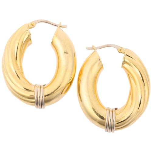 1236 - A pair of Continental 18ct two-colour gold hollow hoop earrings, with English lock fittings, 30.7mm,... 