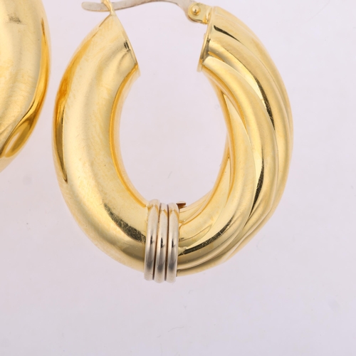 1236 - A pair of Continental 18ct two-colour gold hollow hoop earrings, with English lock fittings, 30.7mm,... 