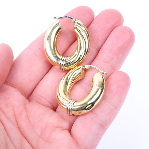 1236 - A pair of Continental 18ct two-colour gold hollow hoop earrings, with English lock fittings, 30.7mm,... 