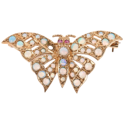 1239 - A late 20th century 9ct gold ruby and opal figural butterfly brooch, maker HBJ, London 1984, wingspa... 