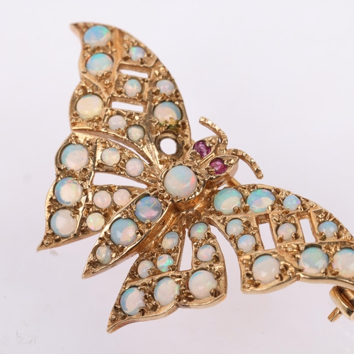 1239 - A late 20th century 9ct gold ruby and opal figural butterfly brooch, maker HBJ, London 1984, wingspa... 