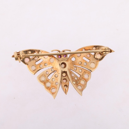 1239 - A late 20th century 9ct gold ruby and opal figural butterfly brooch, maker HBJ, London 1984, wingspa... 