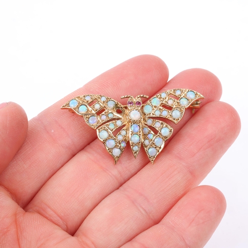 1239 - A late 20th century 9ct gold ruby and opal figural butterfly brooch, maker HBJ, London 1984, wingspa... 