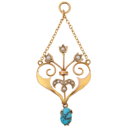 1240 - An Edwardian Art Nouveau 9ct gold turquoise matrix and split pearl floral openwork lavaliere pendant... 