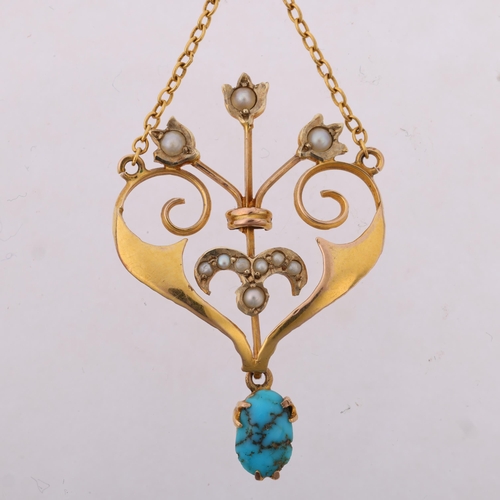 1240 - An Edwardian Art Nouveau 9ct gold turquoise matrix and split pearl floral openwork lavaliere pendant... 