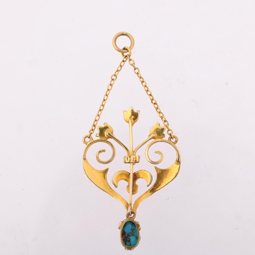 1240 - An Edwardian Art Nouveau 9ct gold turquoise matrix and split pearl floral openwork lavaliere pendant... 