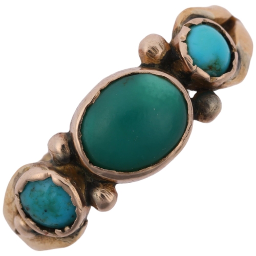 1241 - A Victorian three stone turquoise dress ring, apparently unmarked, setting height 6.4mm, size M, 2.6... 