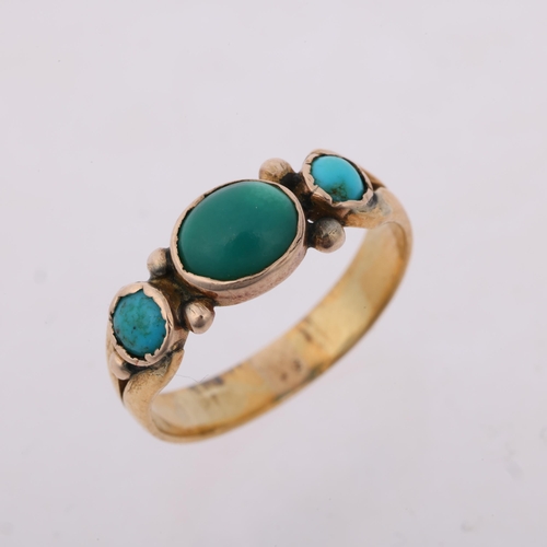 1241 - A Victorian three stone turquoise dress ring, apparently unmarked, setting height 6.4mm, size M, 2.6... 