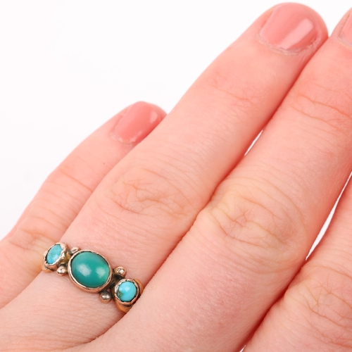 1241 - A Victorian three stone turquoise dress ring, apparently unmarked, setting height 6.4mm, size M, 2.6... 