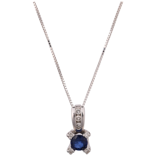 1243 - A modern 14ct white gold sapphire and diamond pendant necklace, on 18ct fine box link chain, pendant... 