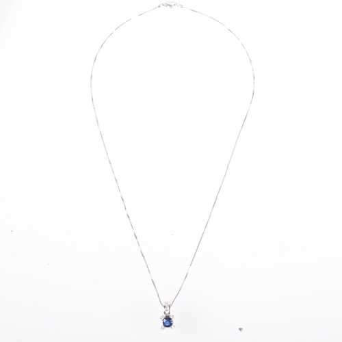 1243 - A modern 14ct white gold sapphire and diamond pendant necklace, on 18ct fine box link chain, pendant... 