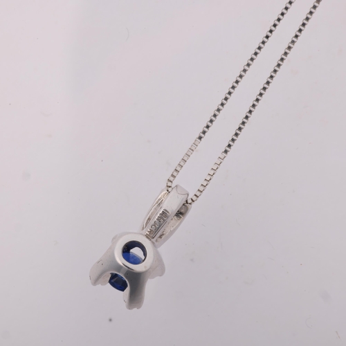 1243 - A modern 14ct white gold sapphire and diamond pendant necklace, on 18ct fine box link chain, pendant... 