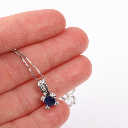 1243 - A modern 14ct white gold sapphire and diamond pendant necklace, on 18ct fine box link chain, pendant... 