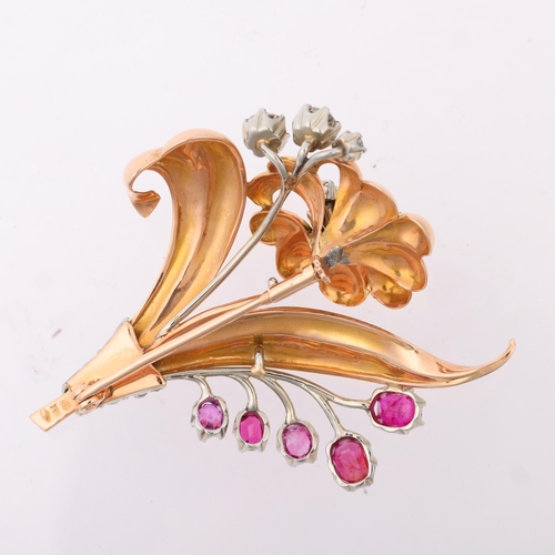 1244 - A 1950s 18ct rose gold ruby and diamond floral spray brooch, maker CBC?, set with oval mixed-cut rub... 