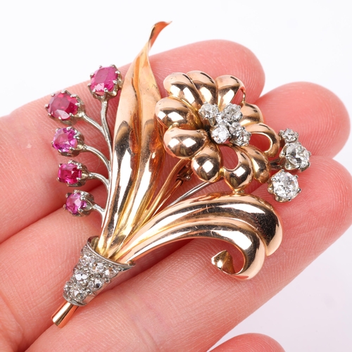 1244 - A 1950s 18ct rose gold ruby and diamond floral spray brooch, maker CBC?, set with oval mixed-cut rub... 