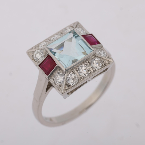 1247 - An Art Deco style platinum aquamarine ruby and diamond square panel ring, set with square-cut rubies... 