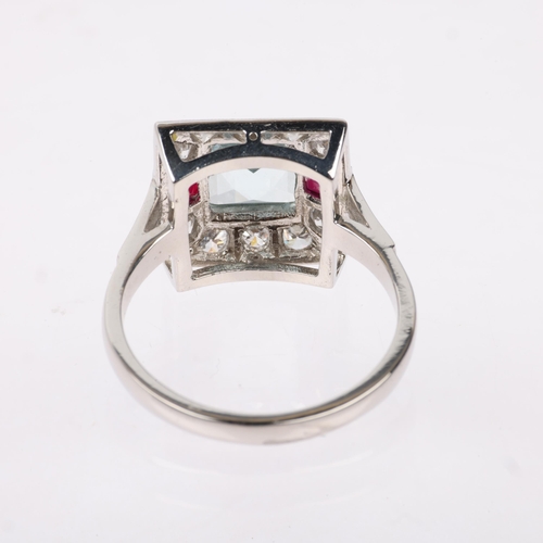 1247 - An Art Deco style platinum aquamarine ruby and diamond square panel ring, set with square-cut rubies... 