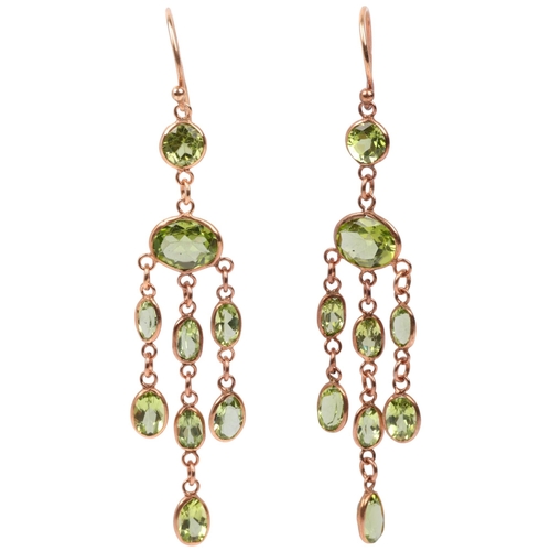 1248 - A pair of 9ct rose gold peridot triple drop earrings, maker SA, London 2017, set with oval and round... 