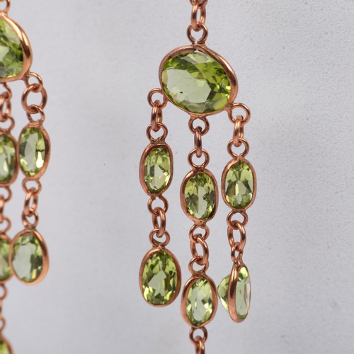 1248 - A pair of 9ct rose gold peridot triple drop earrings, maker SA, London 2017, set with oval and round... 