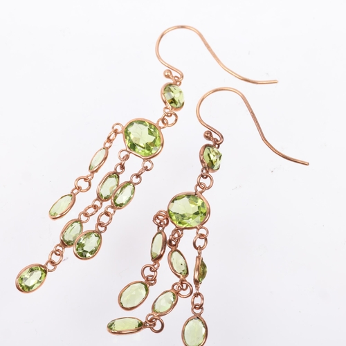 1248 - A pair of 9ct rose gold peridot triple drop earrings, maker SA, London 2017, set with oval and round... 