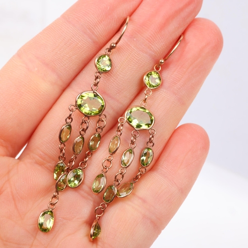 1248 - A pair of 9ct rose gold peridot triple drop earrings, maker SA, London 2017, set with oval and round... 