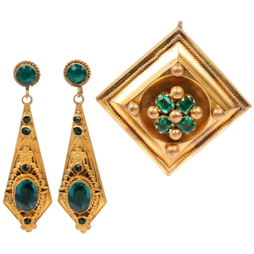 1249 - A Victorian Etruscan Revival gilt-metal green paste matching brooch and earring set, brooch 47mm, ea... 