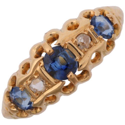 1251 - An early 20th century 18ct gold graduated five stone sapphire and diamond half hoop ring, maker HG&S... 