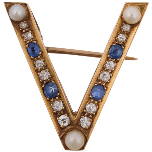 1258 - A Victorian sapphire pearl and diamond initial V brooch, apparently unmarked, 25.4mm, 3.2g