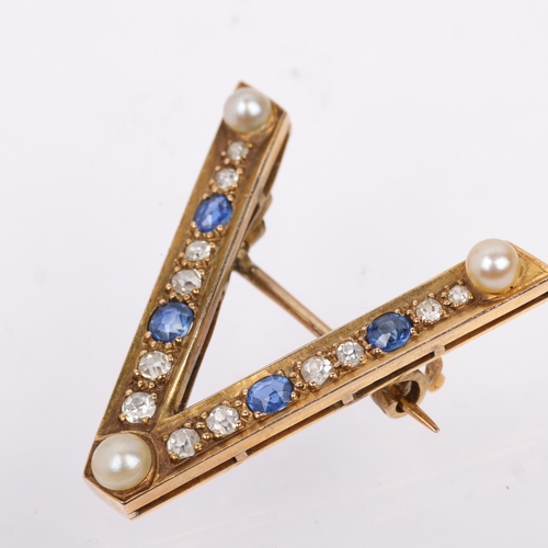 1258 - A Victorian sapphire pearl and diamond initial V brooch, apparently unmarked, 25.4mm, 3.2g