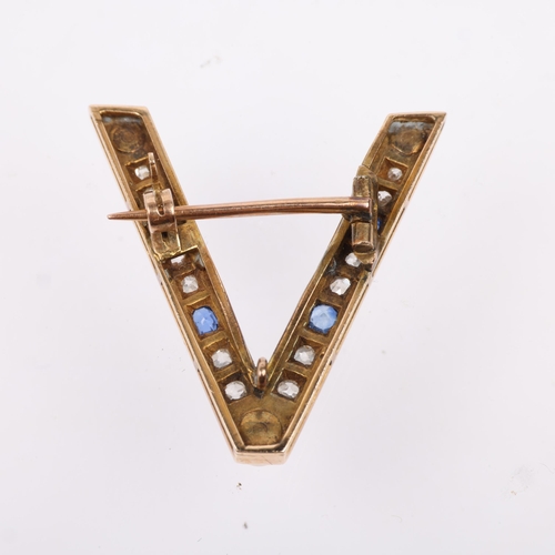 1258 - A Victorian sapphire pearl and diamond initial V brooch, apparently unmarked, 25.4mm, 3.2g