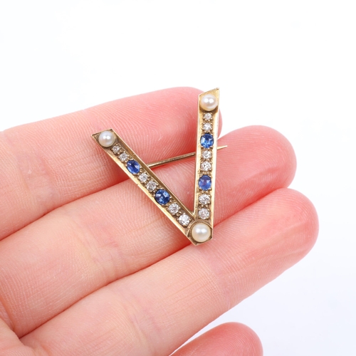 1258 - A Victorian sapphire pearl and diamond initial V brooch, apparently unmarked, 25.4mm, 3.2g