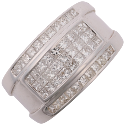 1260 - A large modern heavy 18ct white gold diamond band ring, set with Princess-cut diamonds, total diamon... 