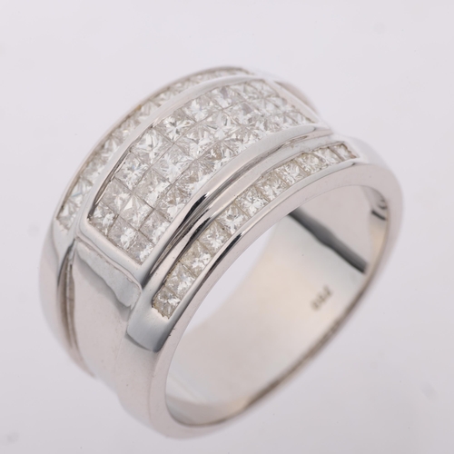 1260 - A large modern heavy 18ct white gold diamond band ring, set with Princess-cut diamonds, total diamon... 