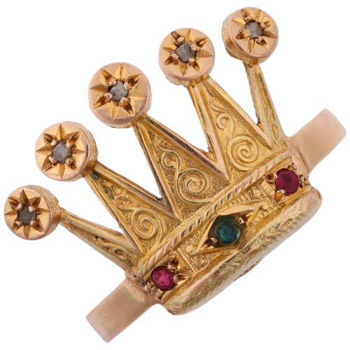 1263 - An Antique 9ct gold emerald ruby and diamond crown ring, setting height 15.9mm, size N, 3.4g