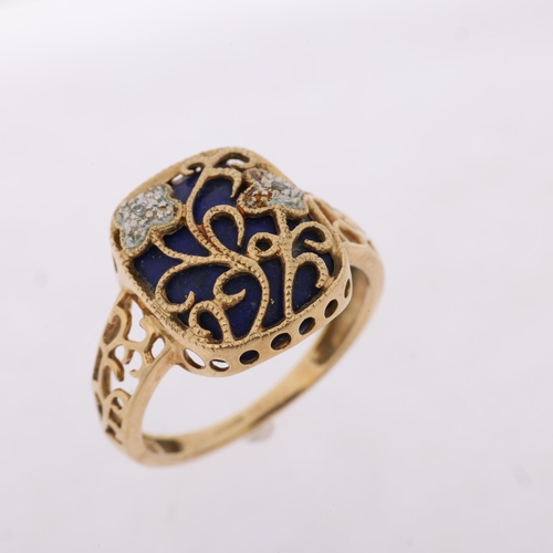 1264 - A modern 9ct gold lapis lazuli and diamond floral panel ring, setting height 13.9mm, size L, 2.7g