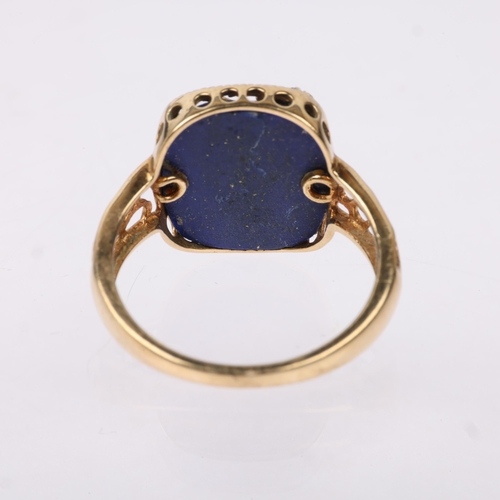 1264 - A modern 9ct gold lapis lazuli and diamond floral panel ring, setting height 13.9mm, size L, 2.7g