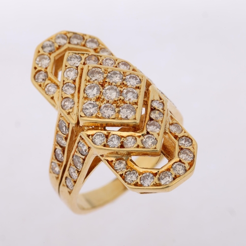 1265 - An 18ct gold diamond geometric openwork panel ring, set with modern round brilliant-cut diamonds, to... 