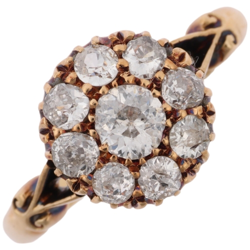 1268 - An 18ct gold diamond flowerhead cluster ring, set with old European-cut diamonds, total diamond cont... 