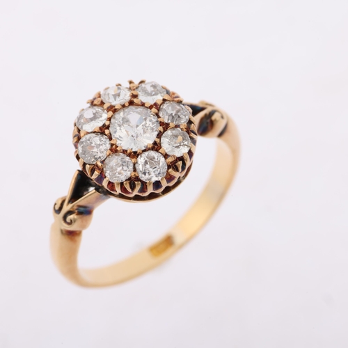 1268 - An 18ct gold diamond flowerhead cluster ring, set with old European-cut diamonds, total diamond cont... 