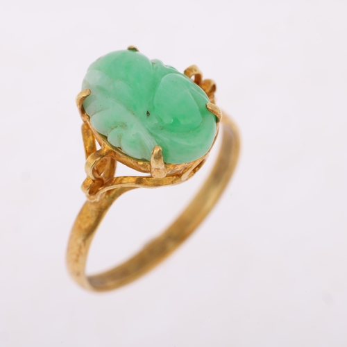 1271 - A Chinese 14ct gold carved jade panel ring, setting height 13.7mm, size T, 4.2g